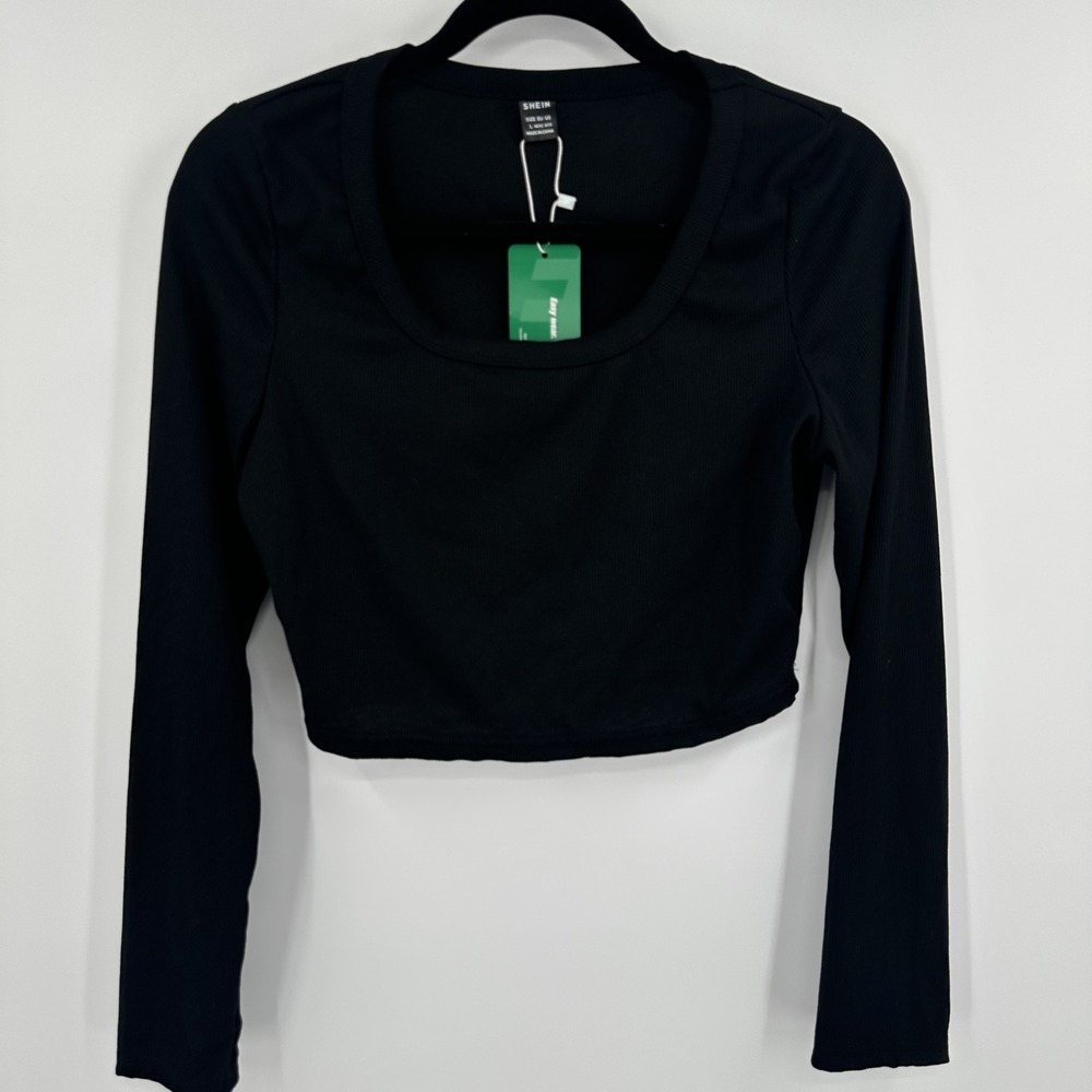 Shein EZwear Crop Top Womens Large Black Long Sleeve Ribbed Stretch Shirt New‎